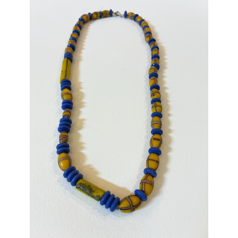 Antique African Trade Bead Necklace, Yellow Cross Glass, Blue Donut Spacers